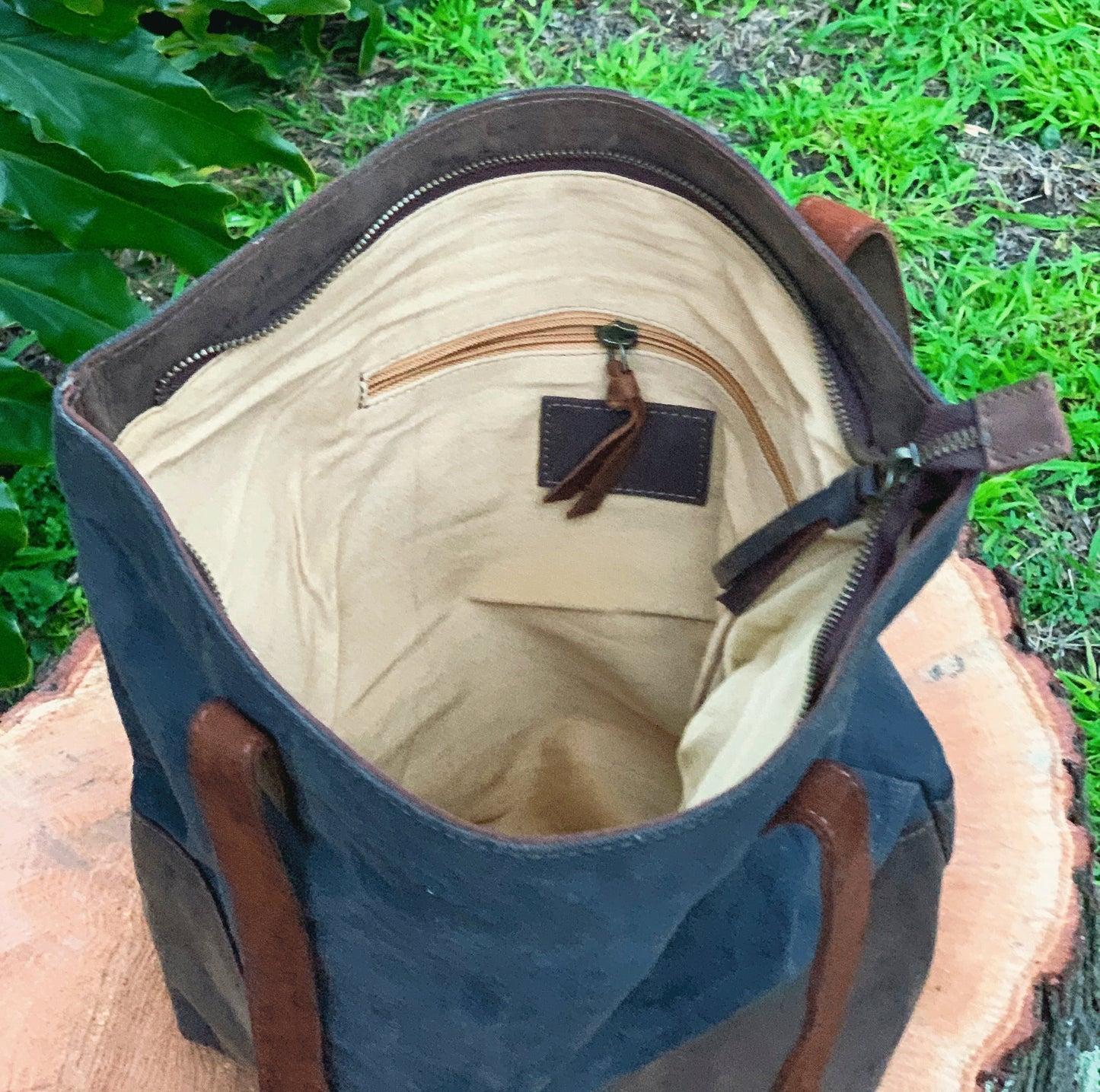 Waxed Canvas Genuine Cowhide Leather Tote Bag Laptop Bag Leather Tote Gift for her Leather Tote Laptop Bag Birthday Anniversary Gift