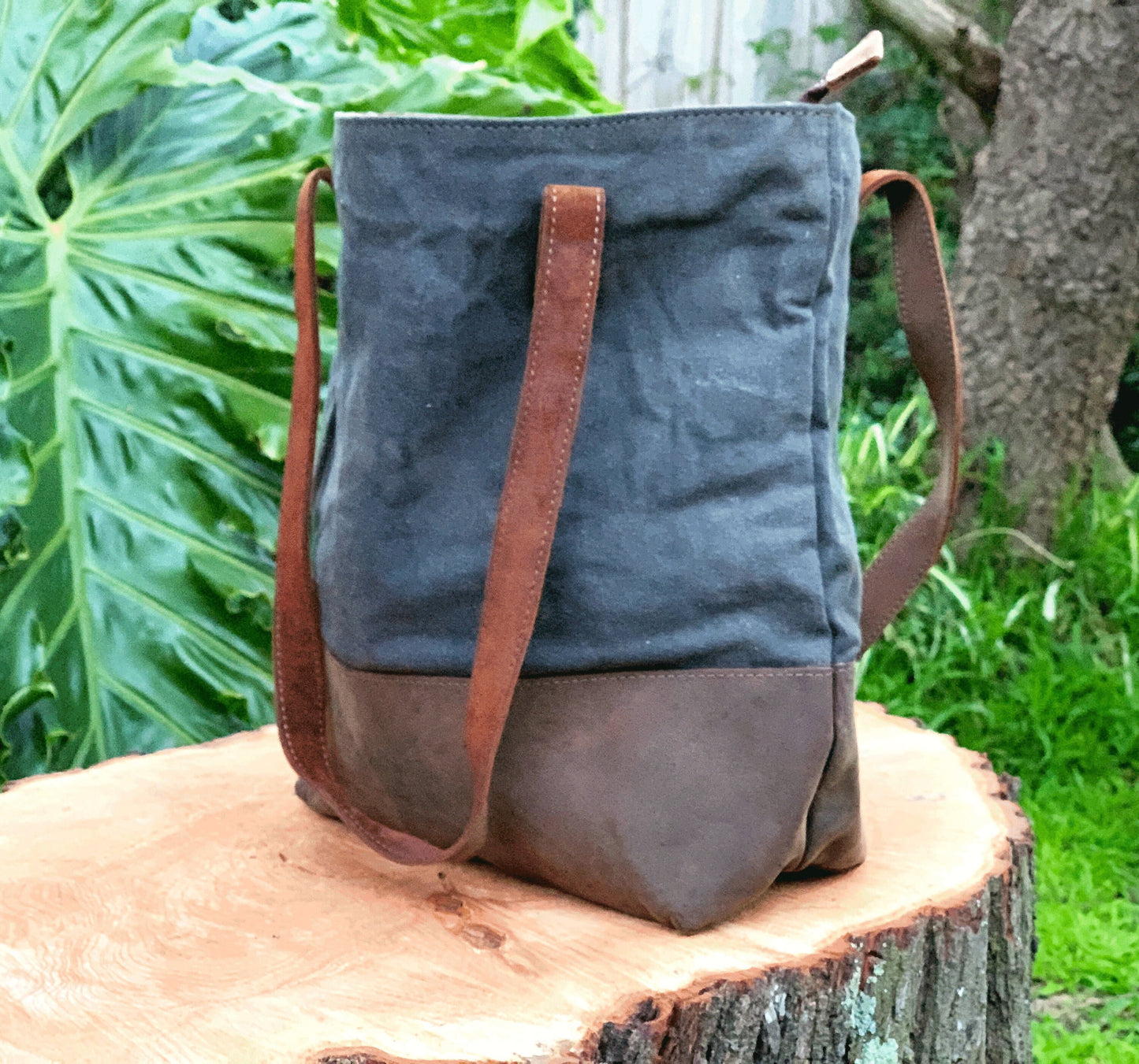 Waxed Canvas Genuine Cowhide Leather Tote Bag Laptop Bag Leather Tote Gift for her Leather Tote Laptop Bag Birthday Anniversary Gift