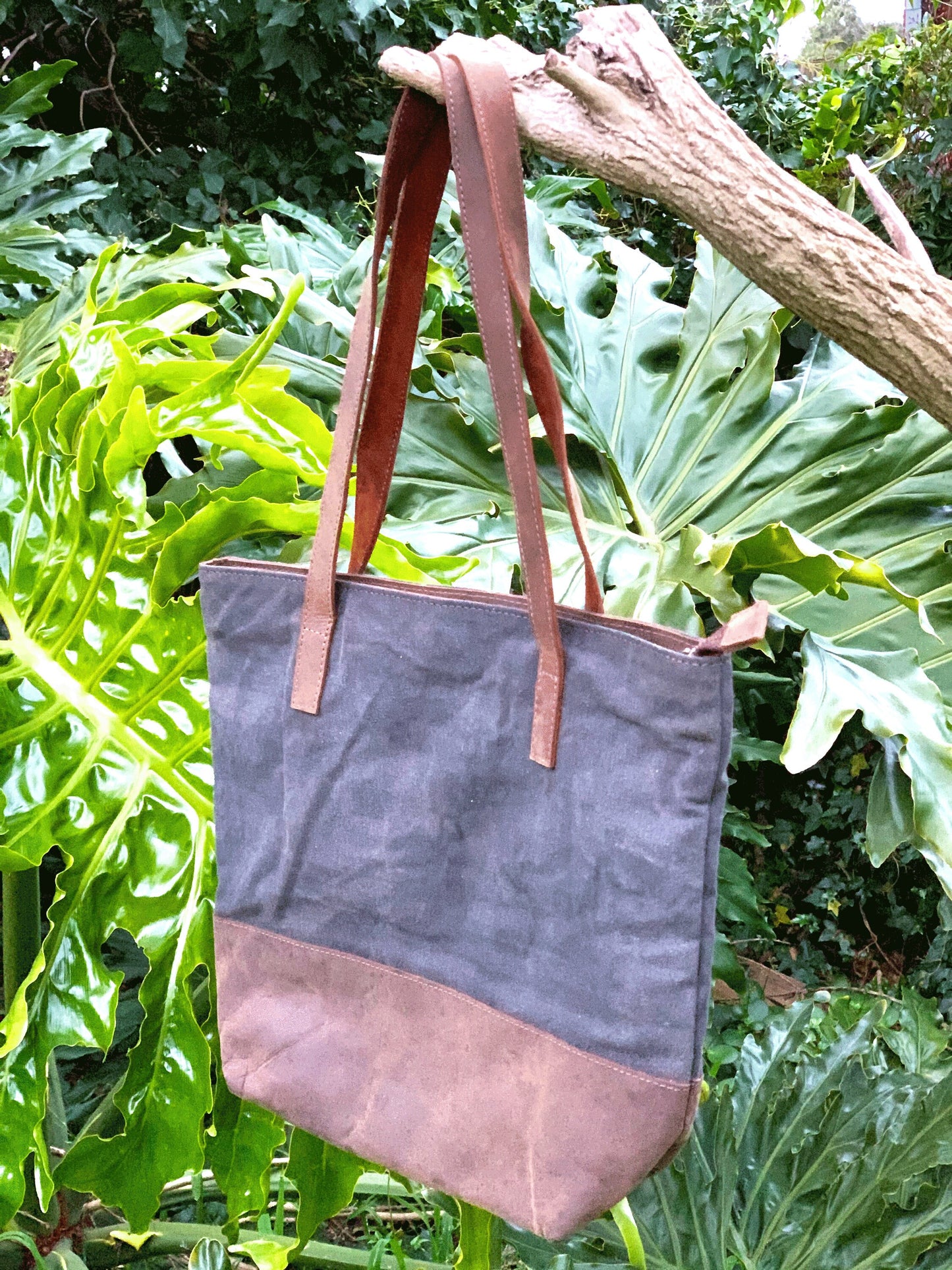 Waxed Canvas Genuine Cowhide Leather Tote Bag Laptop Bag Leather Tote Gift for her Leather Tote Laptop Bag Birthday Anniversary Gift
