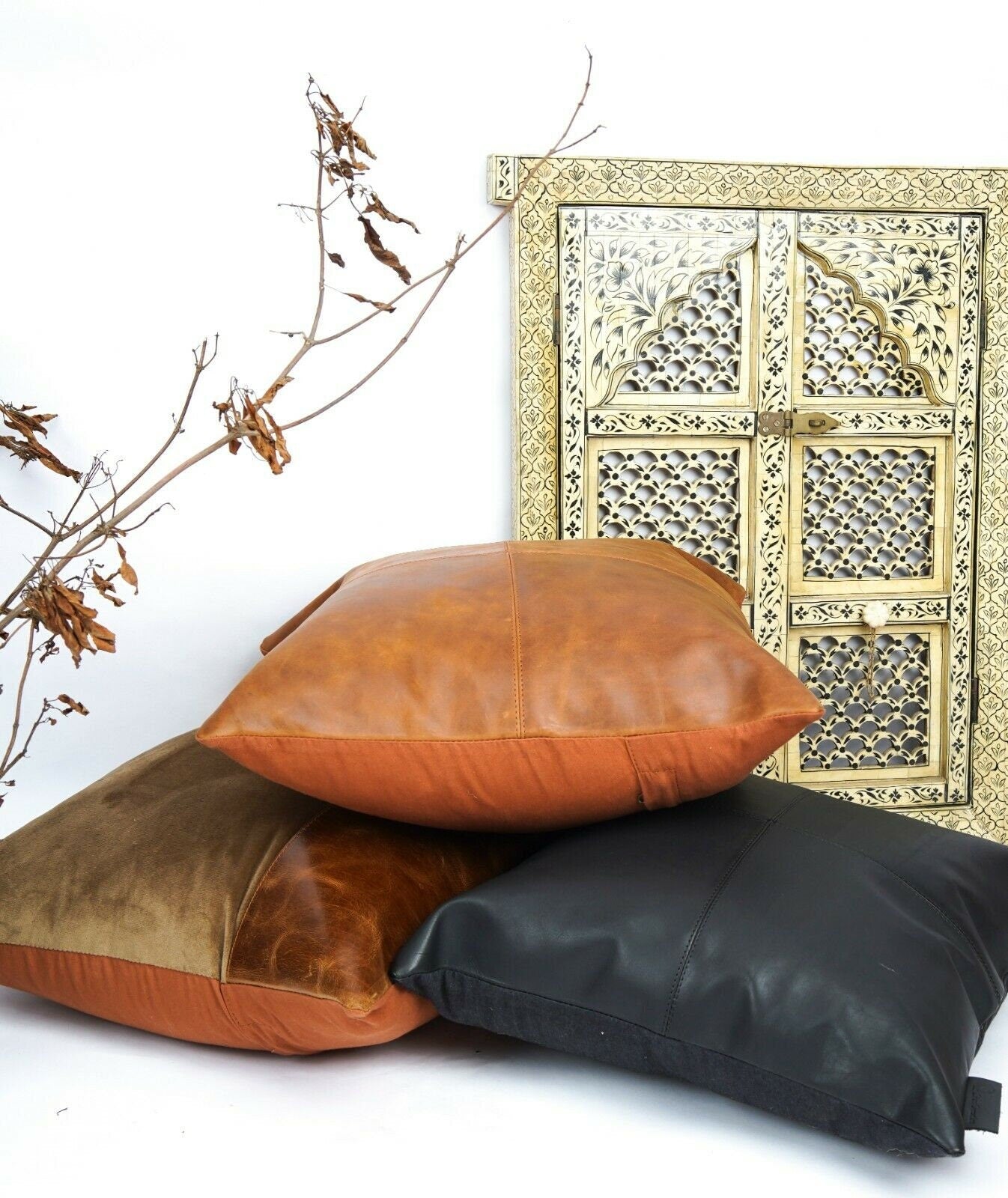 Set of 2 * Genuine Leather Tan Cushion 45*45cm