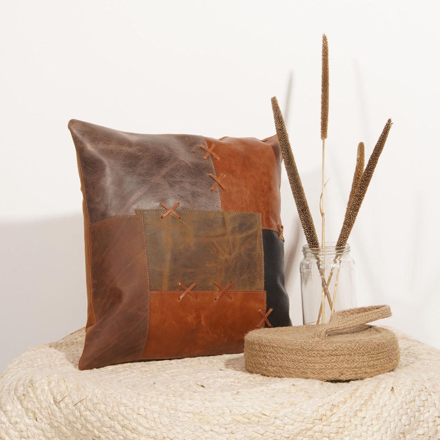 Genuine Leather Cushion Tan Leather Cushion Patchwork Cushion Gift Decorative Pillow Gift for Her Handmade 45*45cm