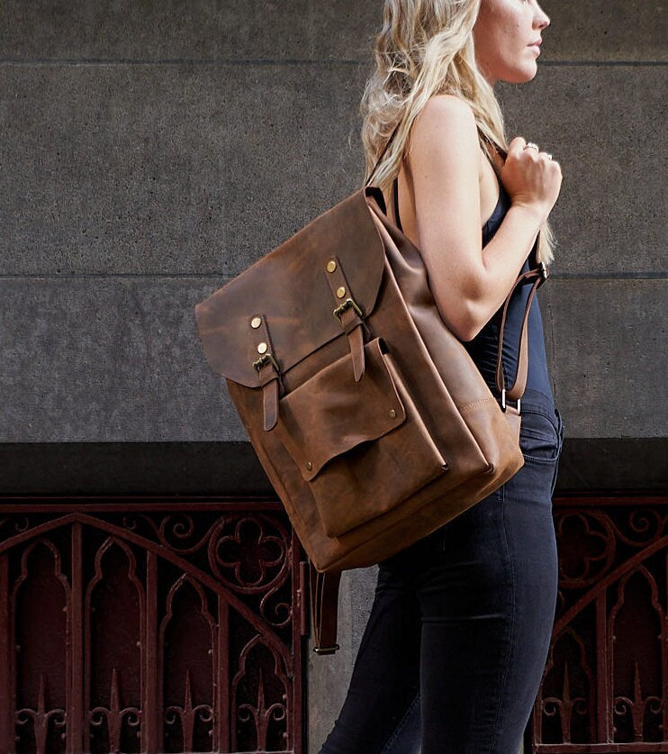 Handcrafted LEATHER BACKPACK in cognac tan brown Colour with LINING / Citi Rucksack - with two front pockets