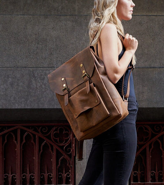 Handcrafted LEATHER BACKPACK in cognac tan brown Colour with LINING / Citi Rucksack - with two front pockets