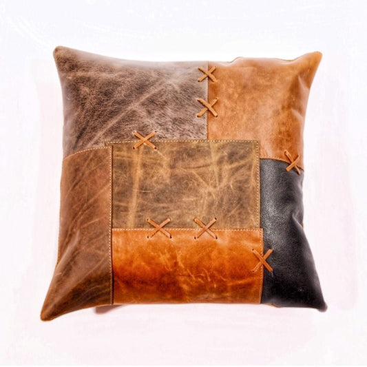 Genuine Leather Cushion Tan Leather Cushion Patchwork Cushion Gift Decorative Pillow Gift for Her Handmade 45*45cm