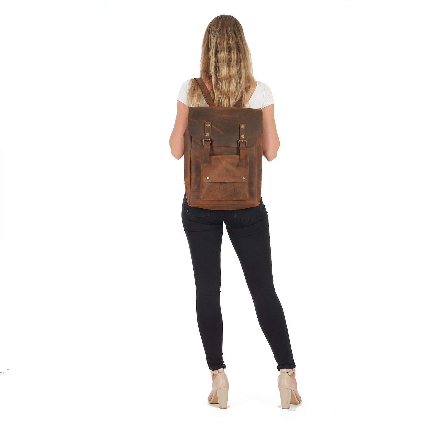 Handcrafted LEATHER BACKPACK in cognac tan brown Colour with LINING / Citi Rucksack - with two front pockets