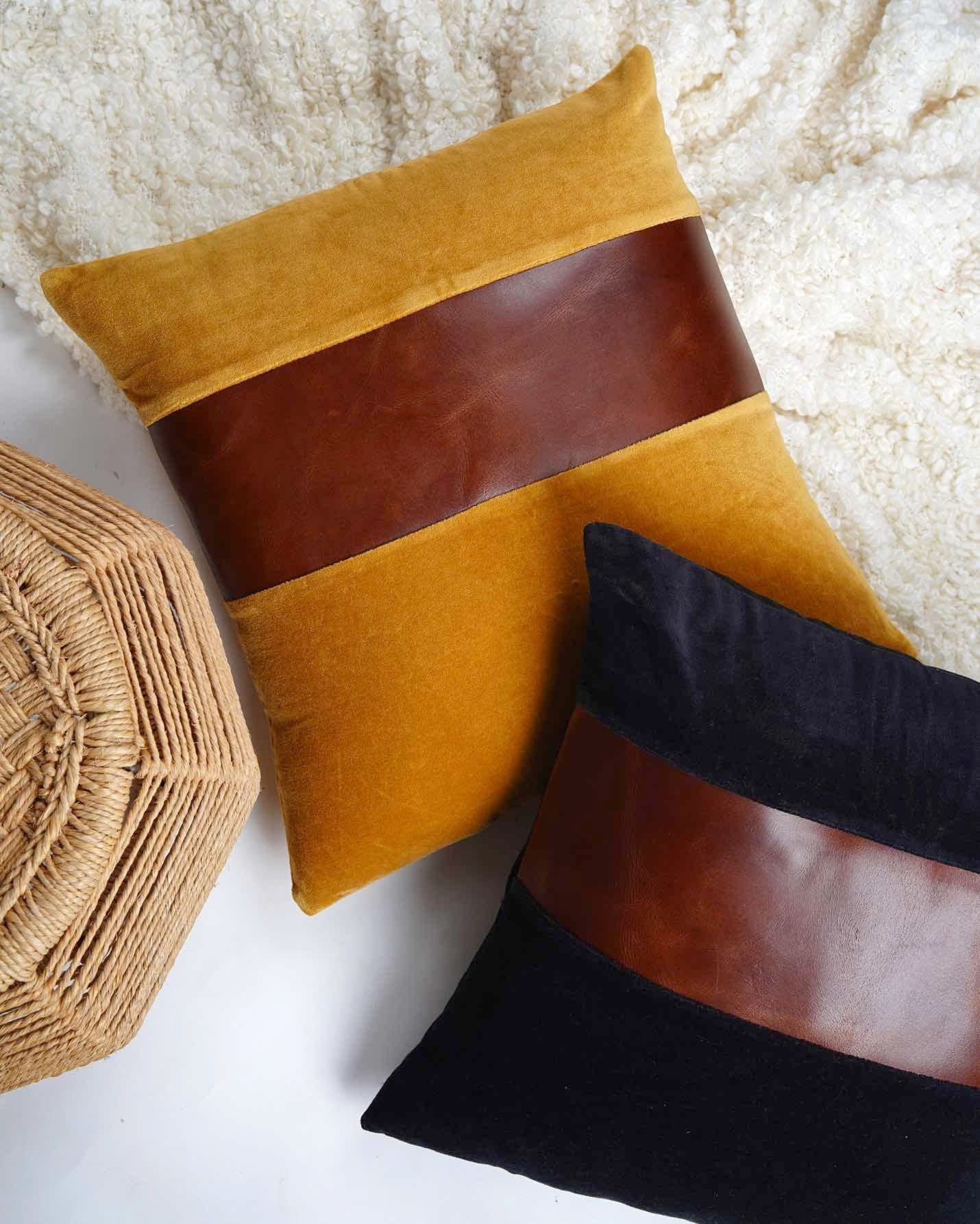 Set of 2 - 50*50cm Leather Patch Black Velvet Cushion Covers.